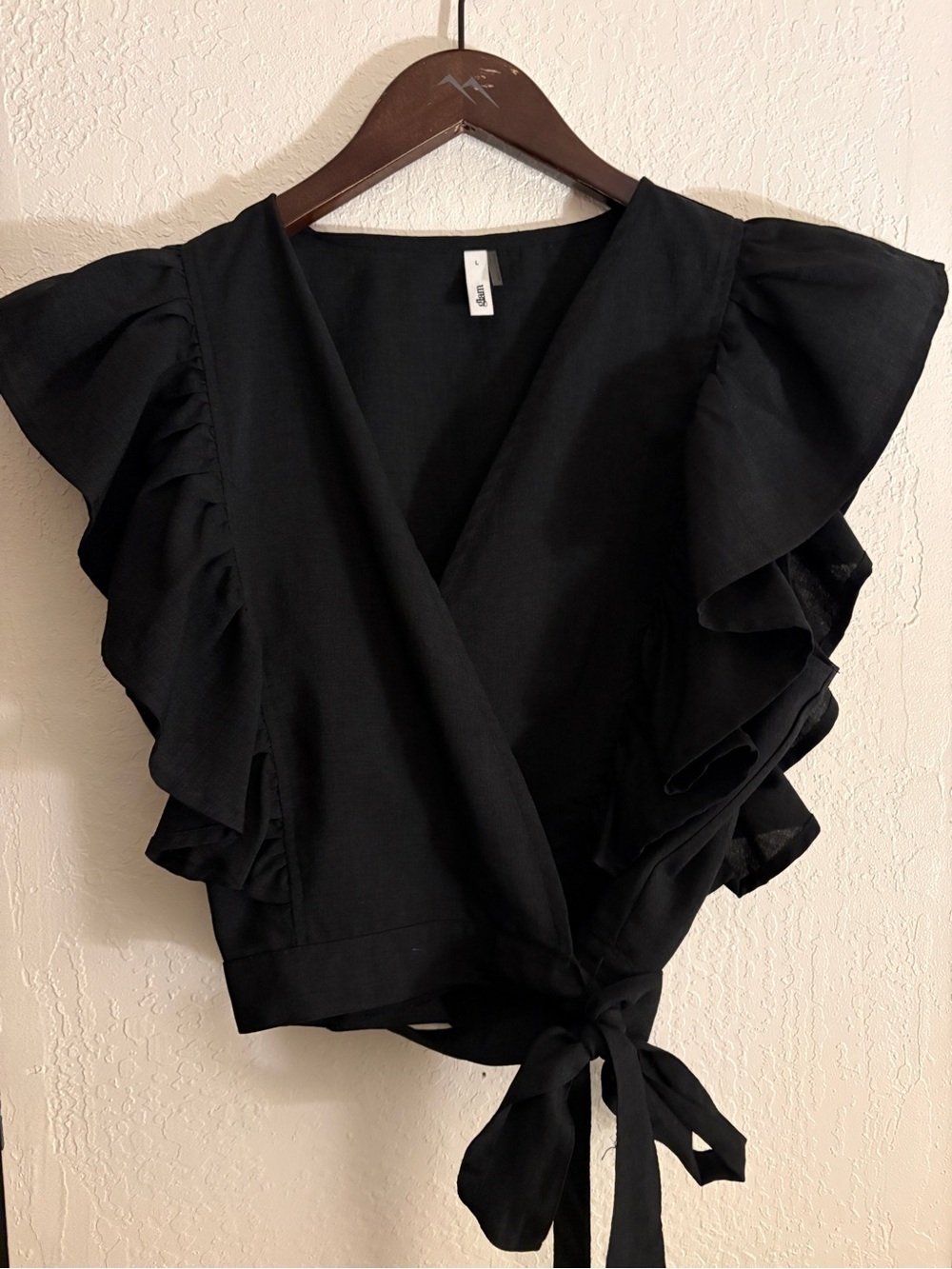 Women's Black Ruffle Sleeve Wrap Top